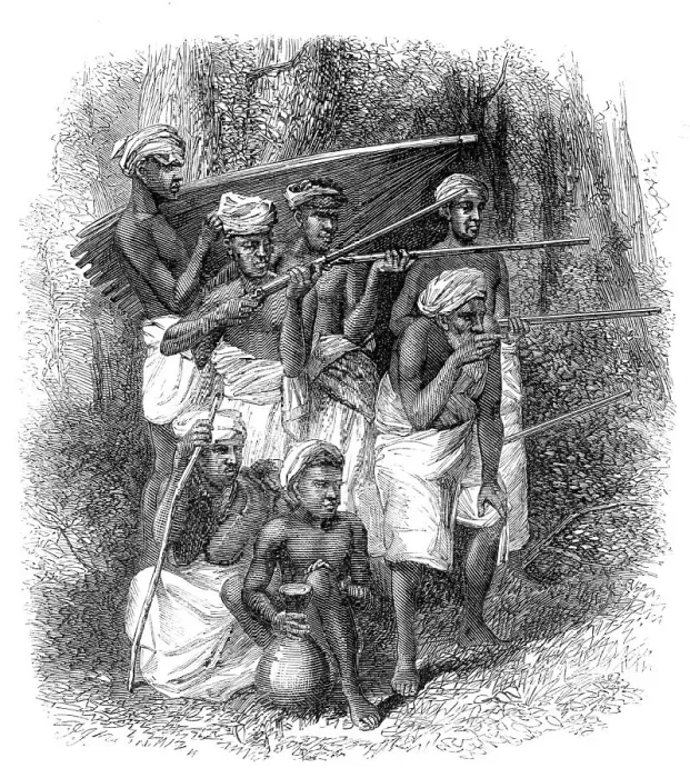 Framed Print : Mode of capturing wild elephants in Ceylon: the alarm, 1864. Creator: Unknown Framed Print : Mode of capturing wild elephants in Ceylon: the alarm, 1864. Creator: Unknown