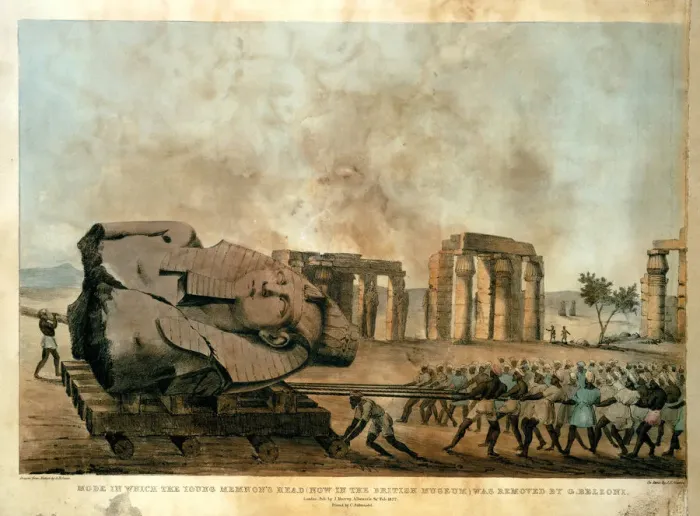 Framed Print : Mode in which the young Memnons head was removed by G. Belzoni, 1820 Framed Print : Mode in which the young Memnons head was removed by G. Belzoni, 1820