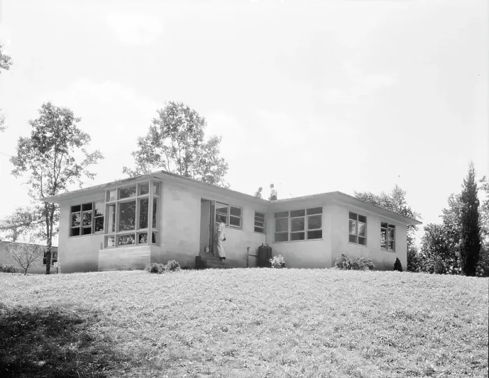 Framed Print : The model house nears completion, Hightstown, New Jersey, 1936. Creator: Dorothea Lange Framed Print : The model house nears completion, Hightstown, New Jersey, 1936. Creator: Dorothea Lange