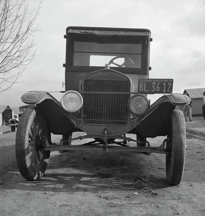 Framed Print : Model T Fords still carry migrants, FSA migratory labor camp at Farmersville, California, 1939. Creator: Dorothea Lange Framed Print : Model T Fords still carry migrants, FSA migratory labor camp at Farmersville, California, 1939. Creator: Dorothea Lange