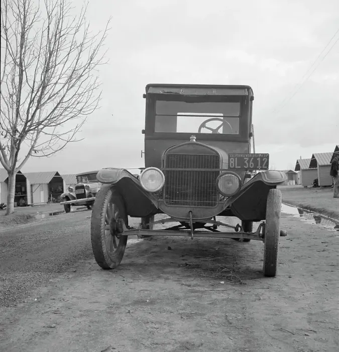 Framed Print : Model T Fords still carry migrants, FSA migratory labor camp at Farmersville, CA, 1939. Creator: Dorothea Lange Framed Print : Model T Fords still carry migrants, FSA migratory labor camp at Farmersville, CA, 1939. Creator: Dorothea Lange