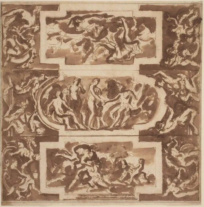 Framed Print : Modello for a Ceiling: Diana and the Dead Endymion, the Judgment of Paris, and... Death of Adonis. Creator: Nicolas Poussin Framed Print : Modello for a Ceiling: Diana and the Dead Endymion, the Judgment of Paris, and... Death of Adonis. Creator: Nicolas Poussin