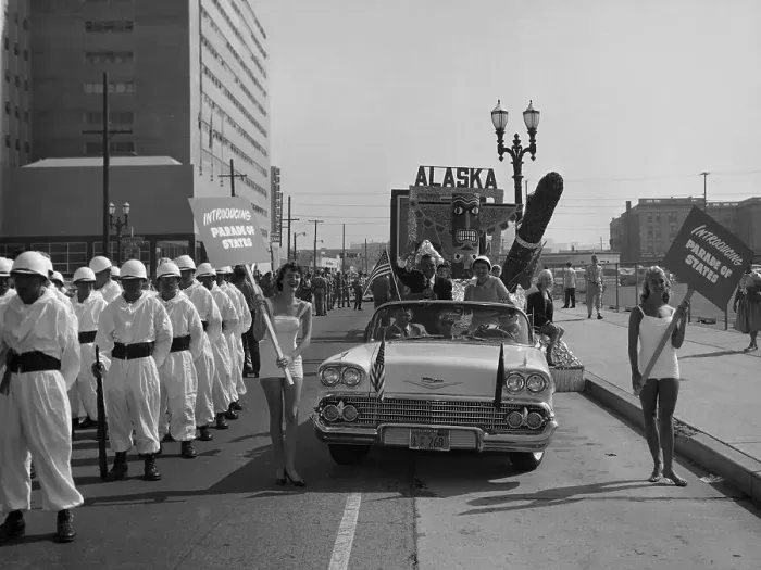 Framed Print : Models and a Cadillac on a parade, USA, (c1959?) Framed Print : Models and a Cadillac on a parade, USA, (c1959?)