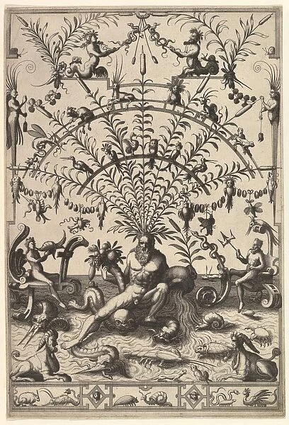 Modern Grotesque Decoration with a River God, 1557. Creator: Johannes van Doetecum I