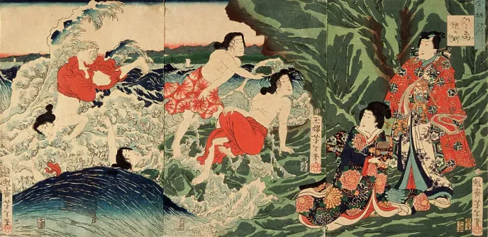 Framed Print : A Modern Prince Genji at Chigogafuchi, Enoshima, 1864. Creator: Tsukioka Yoshitoshi Framed Print : A Modern Prince Genji at Chigogafuchi, Enoshima, 1864. Creator: Tsukioka Yoshitoshi