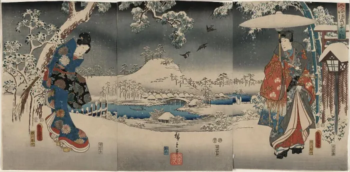 Framed Print : A modern version of the Tale of Genji in snow scenes (Furyu genji yuki no nagame), 1853. Creator: Kunisada (Toyokuni III), Utagawa (1786-1864) Framed Print : A modern version of the Tale of Genji in snow scenes (Furyu genji yuki no nagame), 1853. Creator: Kunisada (Toyokuni III), Utagawa (1786-1864)