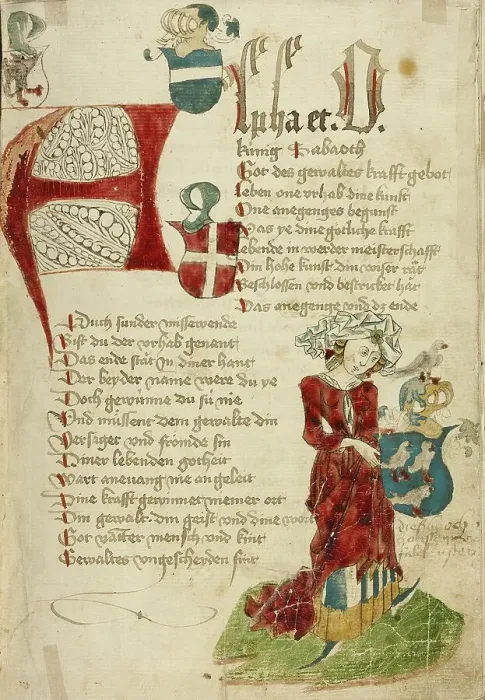 Framed Print : A Modishly Clothed Woman with the Falkenstein Coat of Arms; Barlaam und Josaphat, 1469. Creators: Hans Schilling, Diebolt Lauber Framed Print : A Modishly Clothed Woman with the Falkenstein Coat of Arms; Barlaam und Josaphat, 1469. Creators: Hans Schilling, Diebolt Lauber