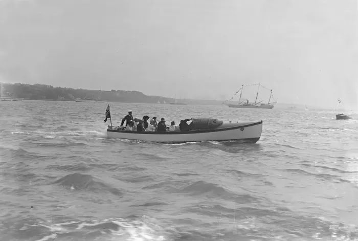 Framed Print : Modwenas motor launch with Modwena in the background, 1911. Creator: Kirk & Sons of Cowes Framed Print : Modwenas motor launch with Modwena in the background, 1911. Creator: Kirk & Sons of Cowes