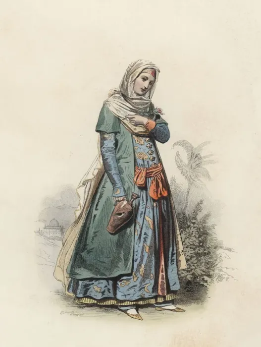 Framed Print : Mogul Lady, in the modern age, color engraving 1870 Framed Print : Mogul Lady, in the modern age, color engraving 1870