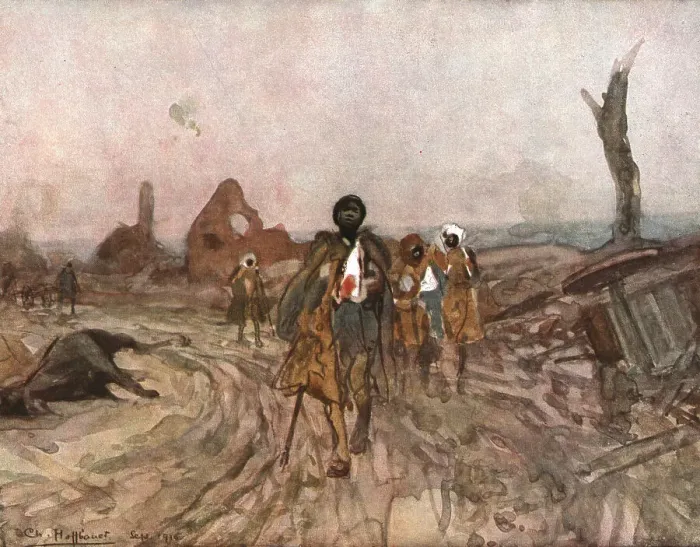 Framed Print : Six Mois Dans la Somme; Senegalais blesses, sur la route d'Assevillers (septembre 1916), 1916. Creator: Charles Hoffbauer