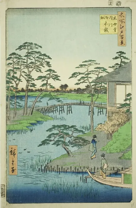Framed Print : Mokubo Temple, Uchigawa Inlet, and Gozensaihata (Mokuboji Uchigawa Gozensaihata), from the... 1857. Creator: Ando Hiroshige Framed Print : Mokubo Temple, Uchigawa Inlet, and Gozensaihata (Mokuboji Uchigawa Gozensaihata), from the... 1857. Creator: Ando Hiroshige