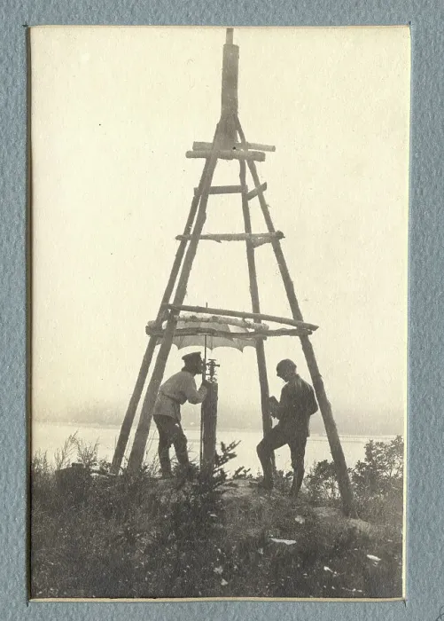 Framed Print : The moment of carrying out triangulation measurements under a tower on the river bank, 1909. Creator: Vladimir Ivanovich Fedorov Framed Print : The moment of carrying out triangulation measurements under a tower on the river bank, 1909. Creator: Vladimir Ivanovich Fedorov