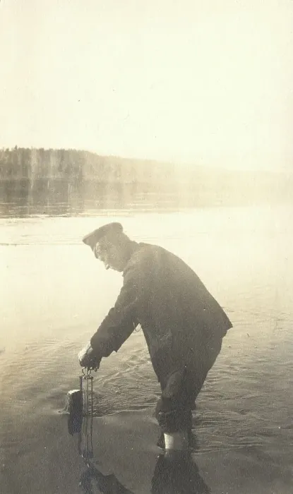 Framed Print : The moment of measuring the water level at the Inorogda hydrometric station, 1909. Creator: Vladimir Ivanovich Fedorov Framed Print : The moment of measuring the water level at the Inorogda hydrometric station, 1909. Creator: Vladimir Ivanovich Fedorov