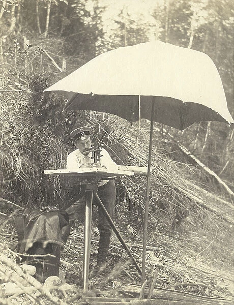 The moment of shooting with a mensula on a forest slope, 1909. Creator: Vladimir Ivanovich Fedorov