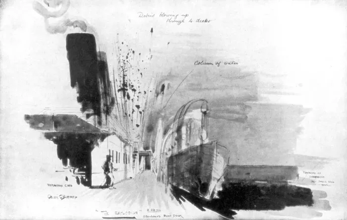 Framed Print : The moment a torpedo from German submarine U-20 hit the RMS Lusitania, 7 May 1915, (1926). Artist: Oliver Bernard Framed Print : The moment a torpedo from German submarine U-20 hit the RMS Lusitania, 7 May 1915, (1926). Artist: Oliver Bernard