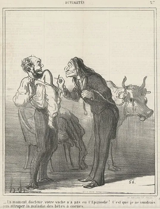 Framed Print : Un moment... votre vache n'a pas eu l'epizoodie?... 19th century. Creator: Honore Daumier Framed Print : Un moment... votre vache n'a pas eu l'epizoodie?... 19th century. Creator: Honore Daumier