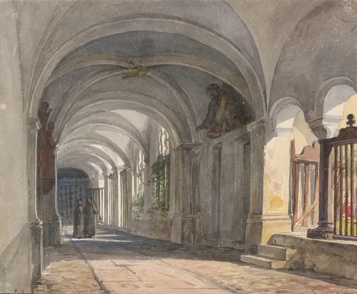 Framed Print : Monastery corridor, 1840. Creator: Karoly Lajos Libay Framed Print : Monastery corridor, 1840. Creator: Karoly Lajos Libay