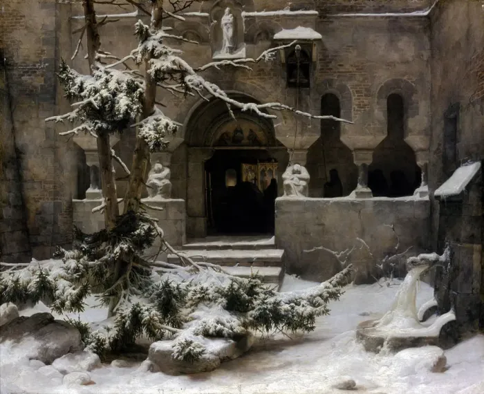 Framed Print : Monastery Garden in Snow. Artist: Lessing, Carl Friedrich (1808-1880) Framed Print : Monastery Garden in Snow. Artist: Lessing, Carl Friedrich (1808-1880)