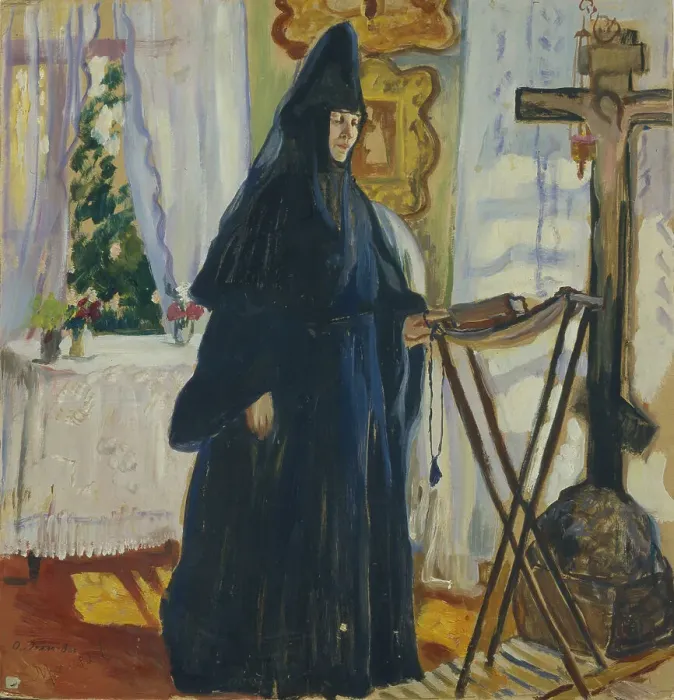 Framed Print : At the Monastic Cell. Prayer, 1915. Artist: Della-Vos-Kardovskaya, Olga Ludvigovna (1875-1952) Framed Print : At the Monastic Cell. Prayer, 1915. Artist: Della-Vos-Kardovskaya, Olga Ludvigovna (1875-1952)