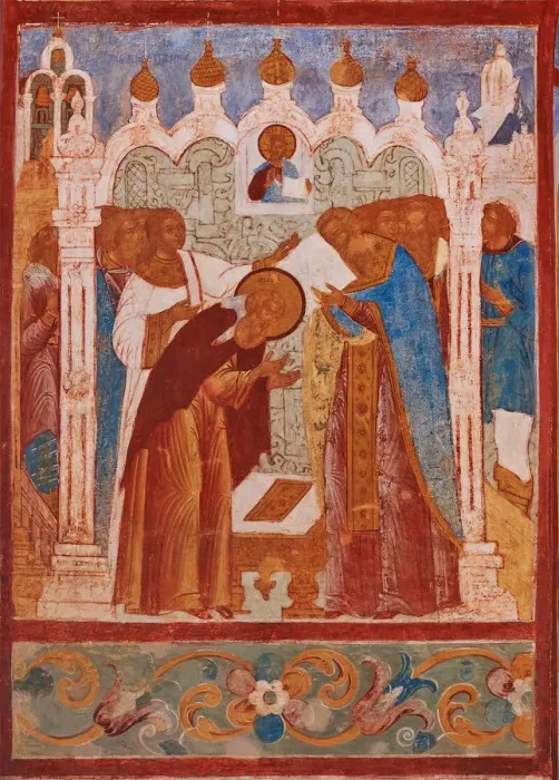 Framed Print : Monastic consecration of Saint Abraham of Rostov. Fresco of the Church of Saint John The Apostle in
