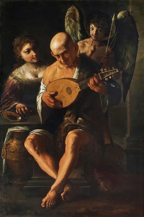Framed Print : Mondone che suona il liuto con donna e cupido in attesa (Mondone plays the lute while... 1650. Creator: Paolini, Pietro (1603-1682) Framed Print : Mondone che suona il liuto con donna e cupido in attesa (Mondone plays the lute while... 1650. Creator: Paolini, Pietro (1603-1682)