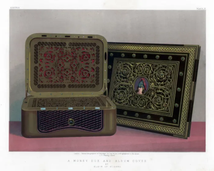 Framed Print : A Money Box and Album Cover, 19th century. Artist: John Burley Waring Framed Print : A Money Box and Album Cover, 19th century. Artist: John Burley Waring