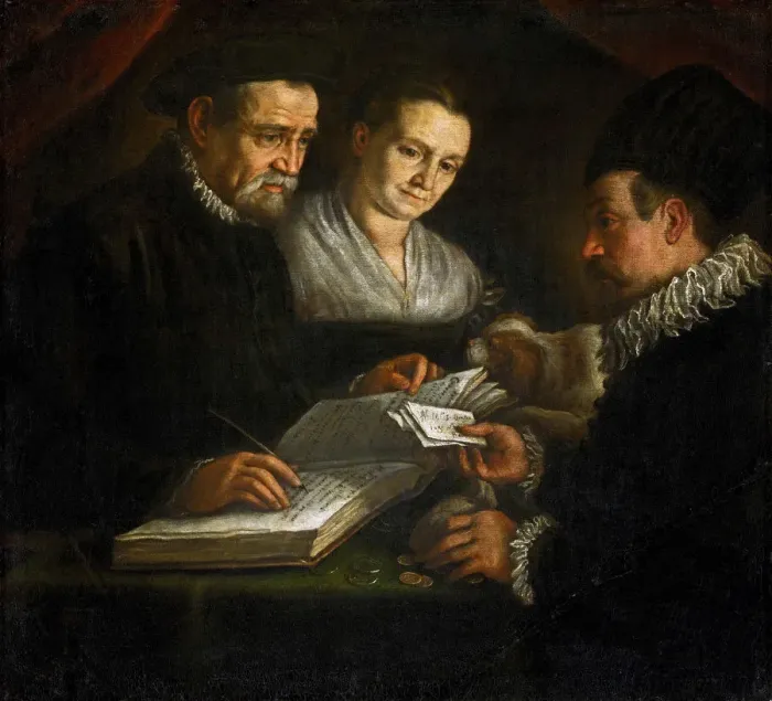 Framed Print : The money-changer Orazio Lago, his wife and a client Framed Print : The money-changer Orazio Lago, his wife and a client