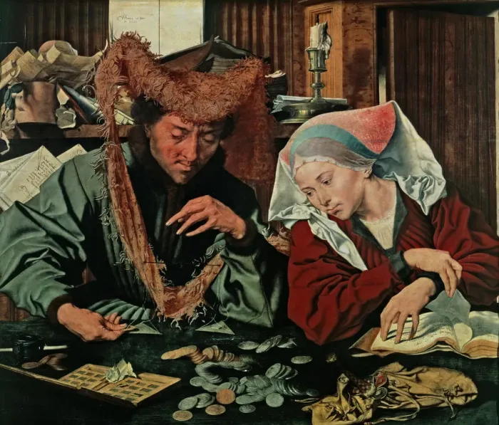 Framed Print : The money changer and his wife, oil painting by Marinus Reymerswaele Framed Print : The money changer and his wife, oil painting by Marinus Reymerswaele
