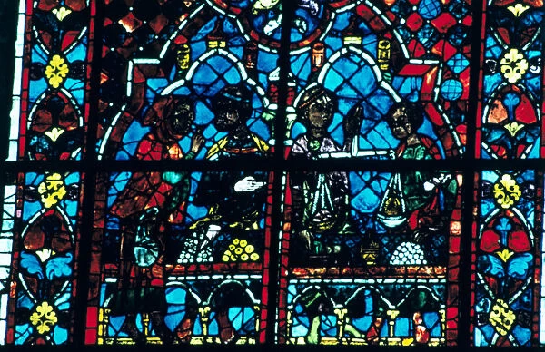 Money changers, stained glass, Chartres Cathedral, Chartres, France