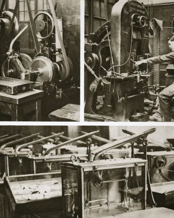 Framed Print : Money making; stamping and milling the disks and weighing the finished coins, 20th century Framed Print : Money making; stamping and milling the disks and weighing the finished coins, 20th century