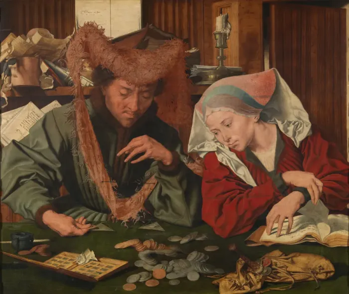 Framed Print : The Moneylender and his Wife, 1539. Artist: Reymerswaele, Marinus Claesz, van (ca. 1490-after 1567) Framed Print : The Moneylender and his Wife, 1539. Artist: Reymerswaele, Marinus Claesz, van (ca. 1490-after 1567)