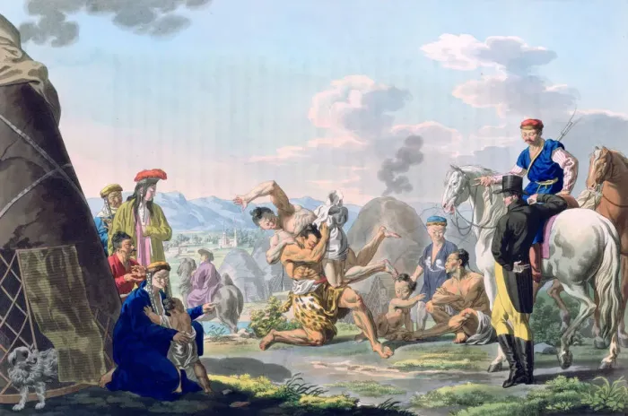 Framed Print : Mongolian Fight, 1813. Artist: E Scotnikoff Framed Print : Mongolian Fight, 1813. Artist: E Scotnikoff