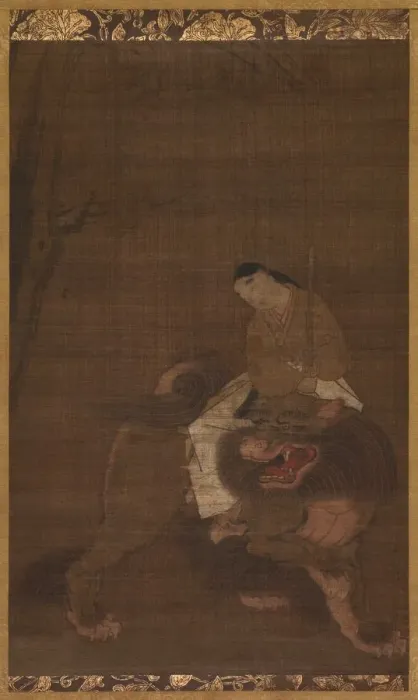 Framed Print : Monju as a Child Riding on a Lion, 1392-1573. Creator: Unknown Framed Print : Monju as a Child Riding on a Lion, 1392-1573. Creator: Unknown