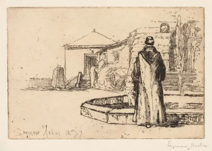 Framed Print : Monk at a Fountain, 1877. Creator: Francis Seymour Haden (British, 1818-1910) Framed Print : Monk at a Fountain, 1877. Creator: Francis Seymour Haden (British, 1818-1910)