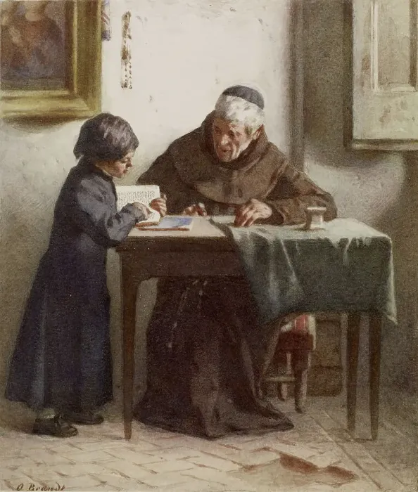 Framed Print : Monk Instructing a Boy Dressed in a Cassock, c1865. Creator: Otto Brandt Framed Print : Monk Instructing a Boy Dressed in a Cassock, c1865. Creator: Otto Brandt