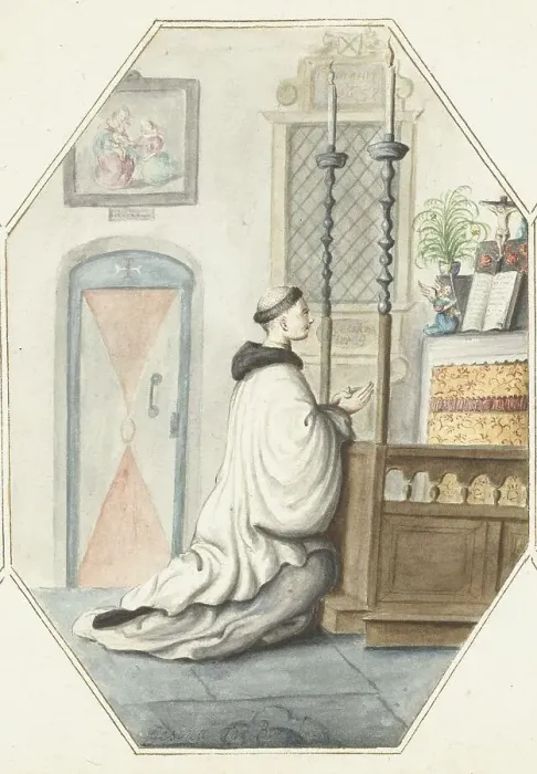 Framed Print : Monk kneeling at an altar, 1657. Creator: Gesina ter Borch Framed Print : Monk kneeling at an altar, 1657. Creator: Gesina ter Borch