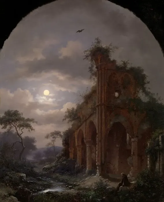Framed Print : Monk Meditating near a Ruin by Moonlight, 1862. Creator: Frederik Marinus Kruseman Framed Print : Monk Meditating near a Ruin by Moonlight, 1862. Creator: Frederik Marinus Kruseman