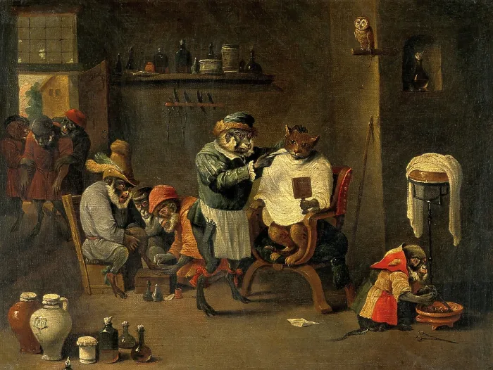 Framed Print : A monkey barber-surgeon's establishment, c1660s. Creator: Teniers, David, 1610-1690 (After). A monkey barber-surgeon's establishment, c1660s. Creator: Teniers, David, 1610-1690 (After) Framed Print : A monkey barber-surgeon's establishment, c1660s. Creator: Teniers, David, 1610-1690 (After). A monkey barber-surgeon's establishment, c1660s. Creator: Teniers, David, 1610-1690 (After)