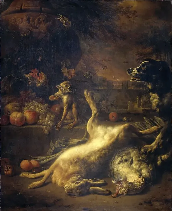 Framed Print : A Monkey and a Dog with Dead Game and Fruit, 1704. Creator: Jan Weenix Framed Print : A Monkey and a Dog with Dead Game and Fruit, 1704. Creator: Jan Weenix