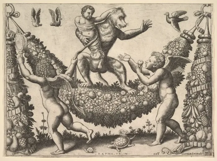 Framed Print : A monkey holding a bound putto standing on a garland in front of which are two winged p Framed Print : A monkey holding a bound putto standing on a garland in front of which are two winged p