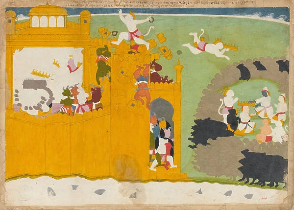 The Monkey Leader Angada Steals Ravanas Crown from His Fortress... ca. 1725. Creator: Manaku