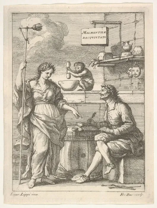 Framed Print : A monkey working a mortar and pestle, below Lorenzo Lippi (?) writing his humorous Framed Print : A monkey working a mortar and pestle, below Lorenzo Lippi (?) writing his humorous