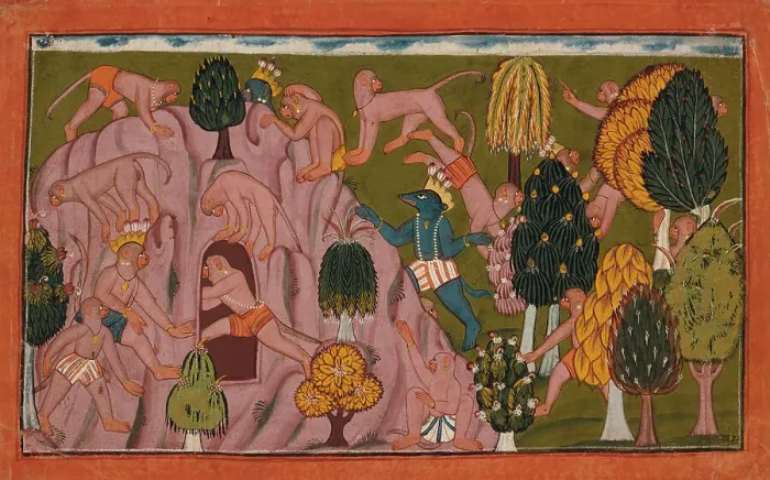 Framed Print : Monkeys and Bears Investigate the Rikshabila Cave... between c1700 and c1710. Creator: Unknown Framed Print : Monkeys and Bears Investigate the Rikshabila Cave... between c1700 and c1710. Creator: Unknown