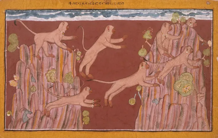 Framed Print : Monkeys Jump from Crag to Crag, Folio from the Shangri Ramayana... between c1700 and c1710. Creator: Unknown Framed Print : Monkeys Jump from Crag to Crag, Folio from the Shangri Ramayana... between c1700 and c1710. Creator: Unknown