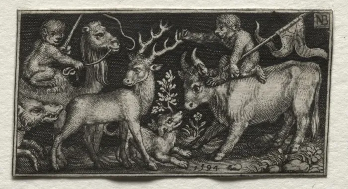 Framed Print : Monkeys Riding a Camel and a Bull, 1594. Creator: Nicolaes de Bruyn (Netherlandish, 1571-1656); A Framed Print : Monkeys Riding a Camel and a Bull, 1594. Creator: Nicolaes de Bruyn (Netherlandish, 1571-1656); A