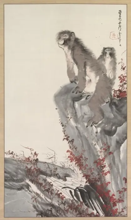 Framed Print : Monkeys by a Stream, mid-1800s. Creator: Nagasawa Rosetsu (Japanese, 1754-1799), style of Framed Print : Monkeys by a Stream, mid-1800s. Creator: Nagasawa Rosetsu (Japanese, 1754-1799), style of
