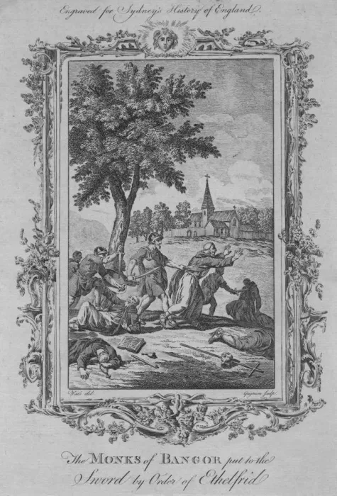 Framed Print : The Monks of Bangor put to the Sword by Order of Ethelfrid, 1773. Creator: Charles Grignion Framed Print : The Monks of Bangor put to the Sword by Order of Ethelfrid, 1773. Creator: Charles Grignion