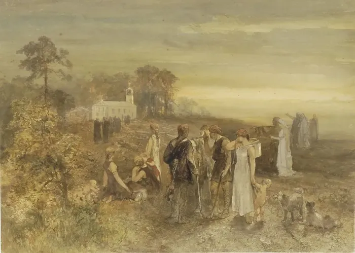 Framed Print : Monks go to a church, watched by a group of Germans, 1871. Creator: Charles Rochussen Framed Print : Monks go to a church, watched by a group of Germans, 1871. Creator: Charles Rochussen