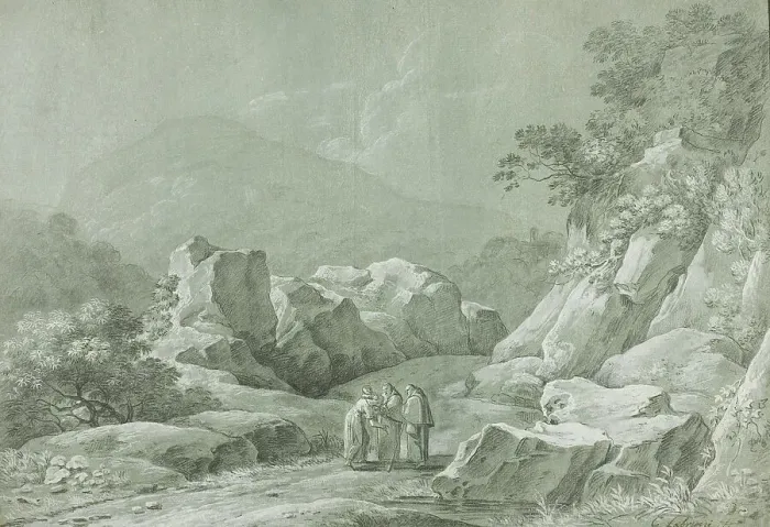 Framed Print : Two Monks giving Water to a Woman and Child in the Wilderness, n.d. Creator: Carlo Labruzzi Framed Print : Two Monks giving Water to a Woman and Child in the Wilderness, n.d. Creator: Carlo Labruzzi