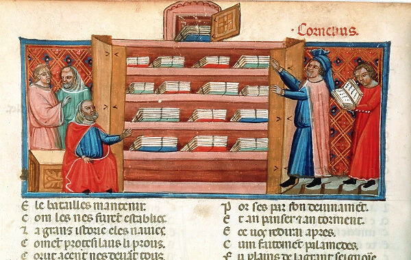 Monks and students in a library, 15th century